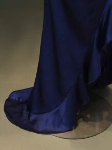 SHEIN 缎面交叉带高腰荷叶边开衩露背连衣裙，优雅正式礼服，适合少女 - 藏蓝色 - 查看 4