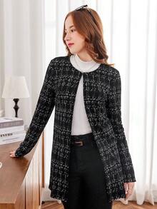 SHEIN Áo khoác midi in họa tiết kẻ caro đan cho bé gái tuổi teen - Đen và trắng - Xem 4