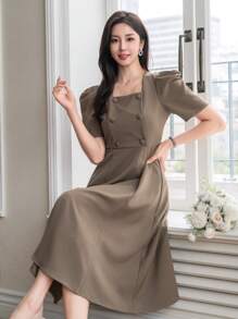 DAZY 女士纯色泡泡袖方领连衣裙太阳裙，返校服装 - 卡其色 - 查看 6