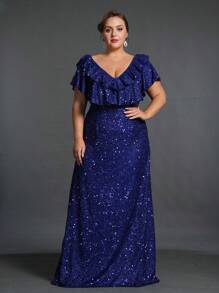 Vestido de Festa da Mãe da Noiva Plus Bordado de Lantejoulas com Decote Profundo e Babados - Azul Royal - Visão 6