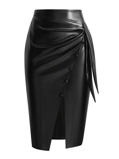 Plus Size Women Solid Color PU Leather Ruched Slit Hem Long Skirt