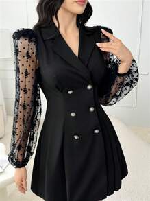 Modelyn Women's Lace Embroidery Splicing Front Button Notched Collar Blazer Jacket - Black - View 4