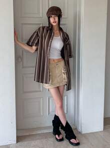 DAZY 女士纽扣式短袖条纹休闲宽松舒适街头风格衬衫 - 棕色 - 查看 5