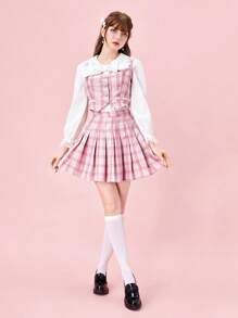 ROMWE Kawaii 女士休闲复古格子套装，带彼得潘领蝴蝶结衬衫和可爱蕾丝下摆裙子，学校 - 淺粉色 - 查看 4