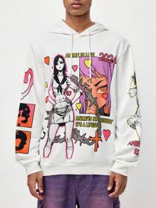 ROMWE MEN ROMWE Avant Men's Drawstring Front Print Hooded Sweatshirt, Casual Everyday Wear, School - White - View 5