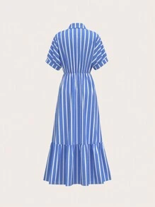 SHEIN Privé Blauw-wit gestreepte lange damesjurk met ruches aan de mouwen