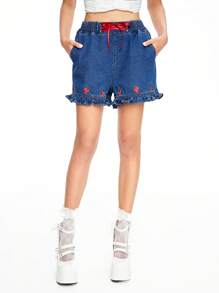 ROMWE Kawaii Summer Casual Strawberry Embroidered Tie Decor Ruffle Hem Denim Shorts