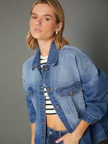 WESTFADE Premium 91% Cotton Denim Boxy Trucker Jacket - Blue - View 6