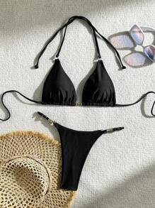 SHEIN Swim Conjunto de bikini de unicolor para mujer, verano - Negro - Ver 1