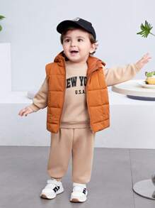 SHEIN 3 sztuki/zestaw chłopięcy ciepły jednolity kolor polarowa kamizelka, bluza z kapturem, zestaw długich spodni na jesień i zimę, odpowiedni na zewnątrz, narciarstwo