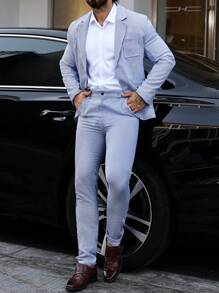 Manfinity Mode Men's Notched Collar Pocket Long Sleeve Top And Pants Suit - Blue and White - View 5
