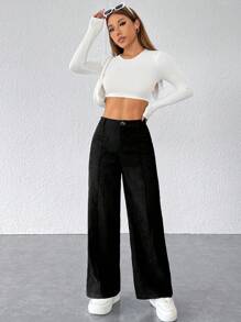 SHEIN PETITE Black Corduroy Women's Wide Leg Trousers - Black - View 2