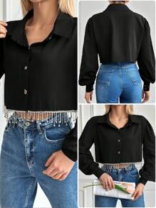 Cloudara Camisa Feminina Com Botões Manga Lanterna Em Cor Sólida - Preto - Ver 6