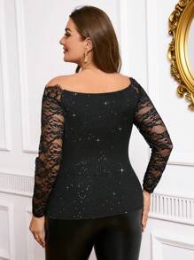 SHEIN Clasi Plus Size Off Shoulder Lace Patchwork Glitter T-Shirt - Black - View 2
