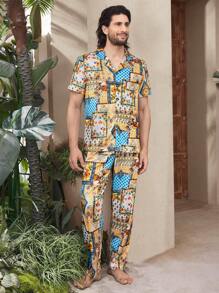 Men's Turndown Collar Button Front All-Over Print Short Sleeve Top And Pants Sleepwear Set - Yellow - View 4