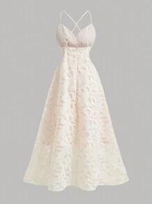 SHEIN Privé Elegant Floral Heavy-Duty Hollow Out Weave & Pressed Flower Decoration Spaghetti Strap Backless Dress, Ideal For Beach Vacation,Slim Waist Design Waist Spaghetti Strap Ruched Slim Fit Long Dress ,Back To School Long Dress ,Hawaiian Long Dress,Vintage Clothes Teacher Dress For Summer And Autumn,Vacation, Dating