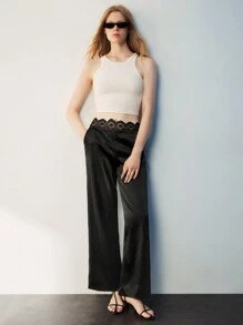 Maija Women Elegant Commuter Lace Decorated Straight Leg Pants - Black - View 2
