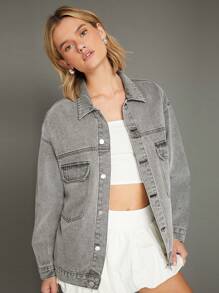 WESTFADE Premium 91% Cotton Denim Oversized Boyfriend Jacket  - Grey - View 10