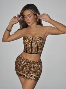 SHEIN ICON Y2k Sexy 2pcs Women's Leopard Print Bralette Corset Top And Bodycon Mini Skirt Set Two Pieces Outfits - Brown - View 1