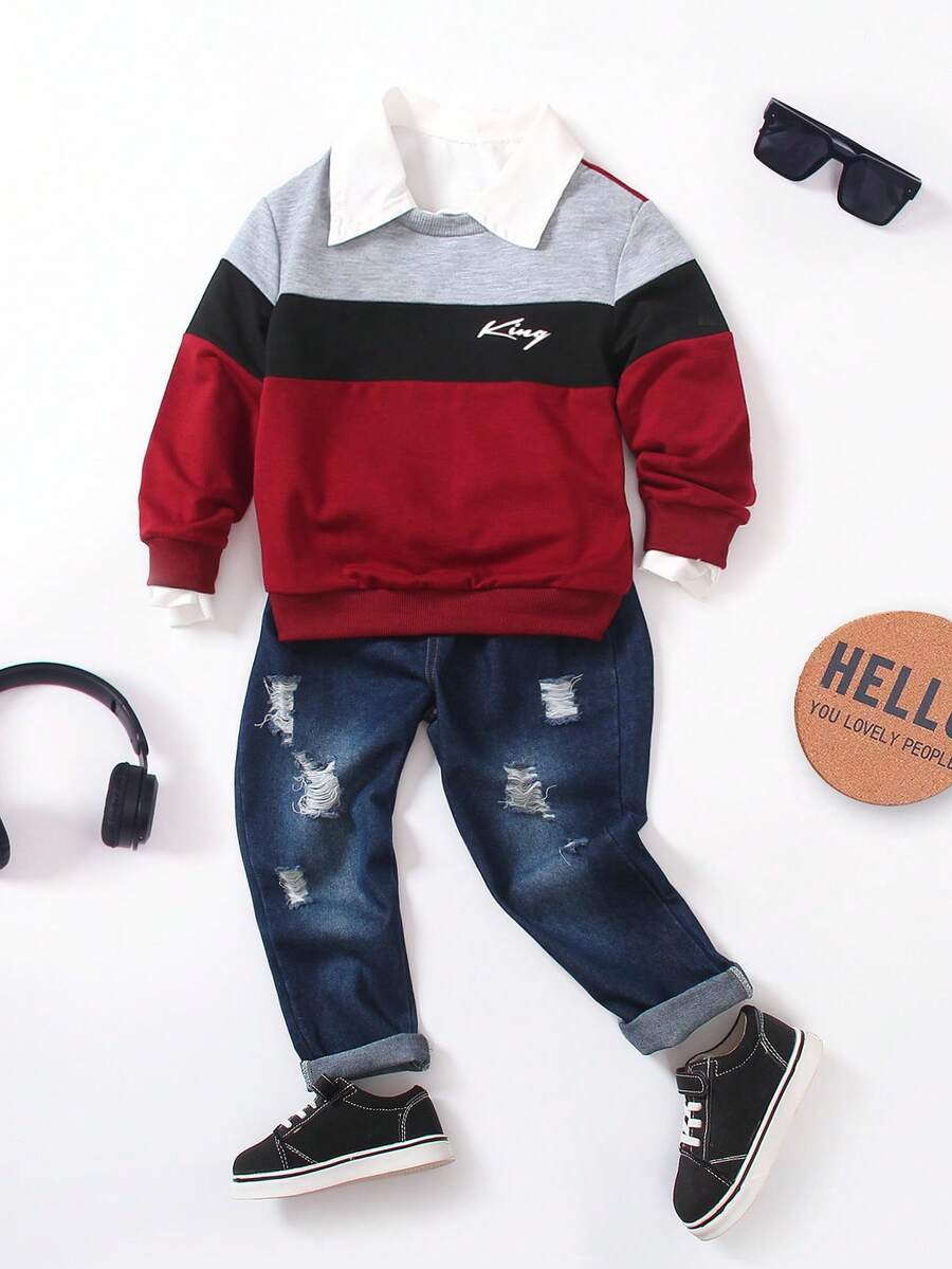 男童三色拼接英文字母印花圆领长袖卫衣，休闲秋冬款 - 彩色 - 查看 1