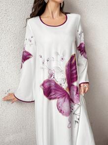 Al Najma 女士花卉印花圆领长袖撞色绑带长款束腰连衣裙、卡夫坦和贾拉比亚连衣裙 - 白色 - 查看 1