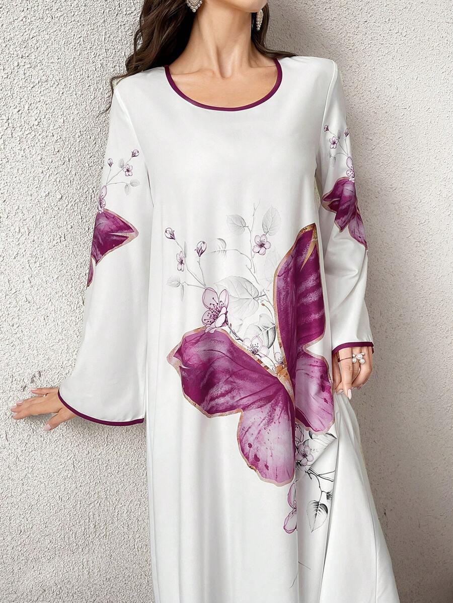 Al Najma 女士花卉印花圆领长袖撞色绑带长款束腰连衣裙、卡夫坦和贾拉比亚连衣裙 - 白色 - 查看 1