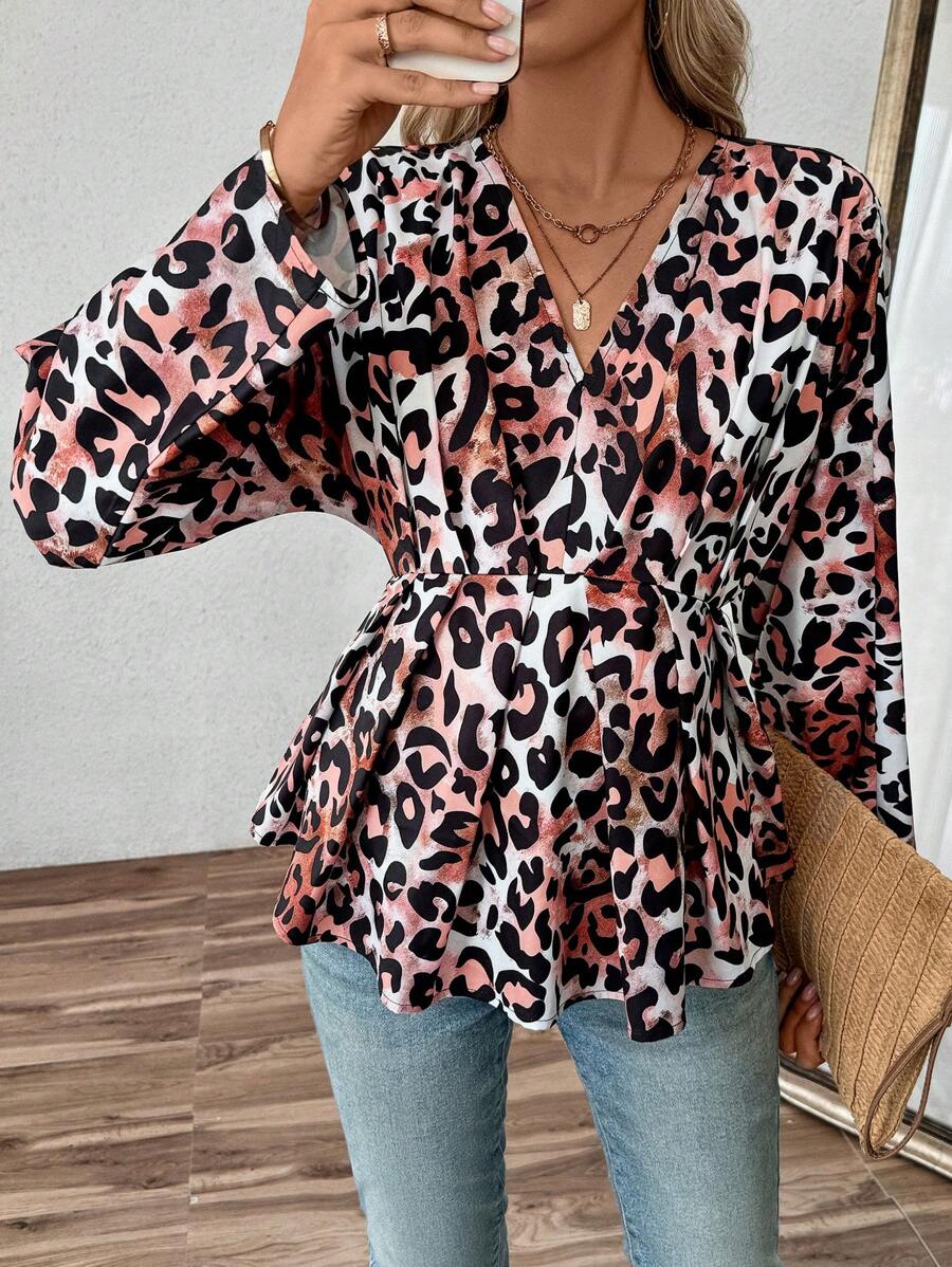 SHEIN LUNE 女士 V 领豹纹褶皱休闲长袖衬衫