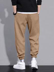 SHEIN Cottnline 男式字母印花抽绳运动裤 - 摩卡棕 - 查看 2