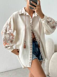 EURMUSE Women's Vacation Style Embroidered Lantern Sleeve Fringe Tie-Front Blouse - Beige - View 3