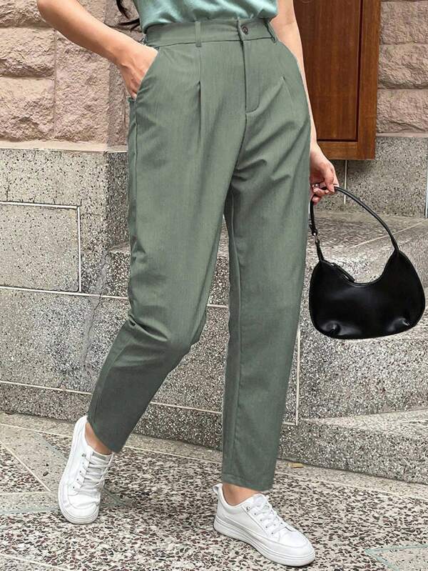 Calvaya Plus Size Plain Oblique Pocket Mid-Waist Casual Trousers For Outdoor & Commute