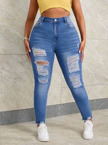 SHEIN SXY Plus Size Front Button Distressed Frayed Hem Multi-Pocket Denim Jeans, Casual Everyday Wear