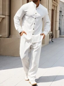 Manfinity Homme Men's Solid Color Button-Up Shirt And Pants Suit, Minimalist