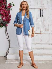 SHEIN LUNE Notch Collar Mid-Length Sleeves Casual Denim Jacket - Light Wash - View 3