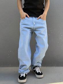 Manfinity EMRG Jeans in denim con cucitura a contrasto, vestibilità ampia, tasche inclinate, per uomo. Jeans ampi, jeans larghi, jeans a gamba larga, jeans ampi blu per uomo.