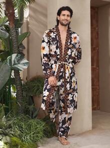 Men's Full Flower Print Patchwork Long Sleeve Pajama Set, Loungewear - Multicolor - View 7
