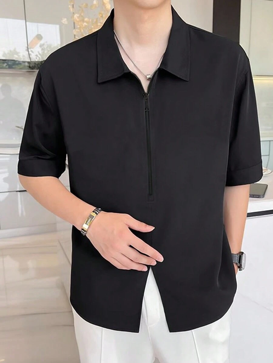 Camisa negra de manga corta y botones de unicolor para hombre, de verano - Negro - Ver 1