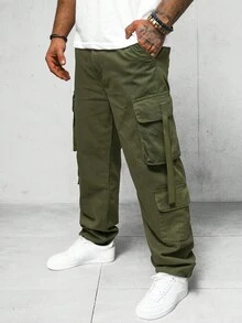 Manfinity LEGND Calça cargo casual de perna reta com bolsos múltiplos e cadarço frontal, cor sólida, para homens - Verde Militar - Visão 4