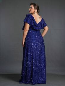 Vestido de Festa da Mãe da Noiva Plus Bordado de Lantejoulas com Decote Profundo e Babados - Azul Royal - Visão 2