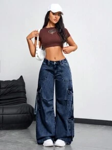 SHEIN EZwear 女式休闲翻盖口袋宽松保暖衬里阔腿牛仔裤 - 藍色 - 查看 6