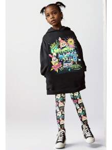Kapuzenpullover mit Graffiti-Karo-Print und Leggings mit Vollgrafik für Tween-Mädchen, 2 Stücke Outfit - Schwarz - Übersicht 1