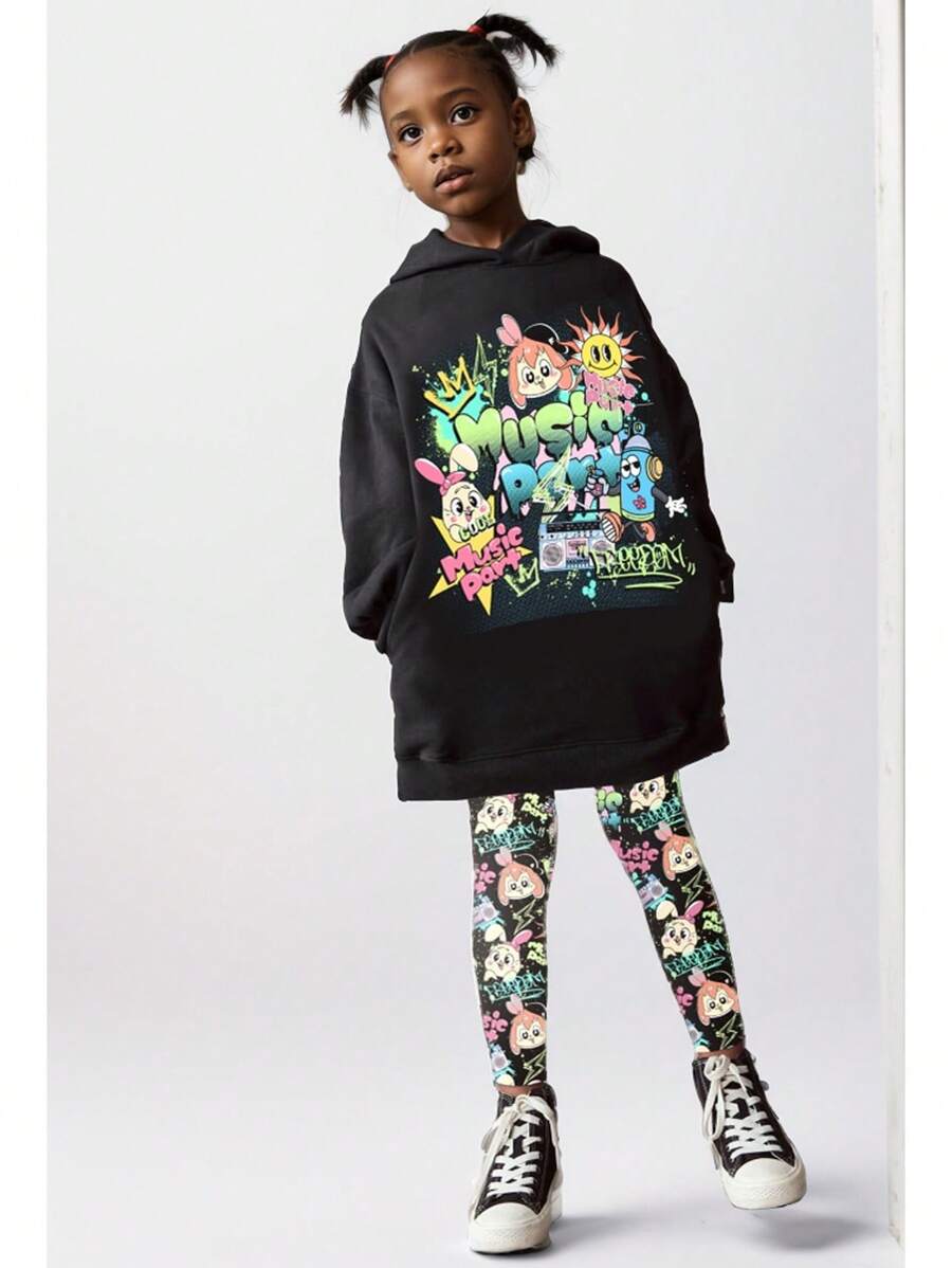 Kapuzenpullover mit Graffiti-Karo-Print und Leggings mit Vollgrafik für Tween-Mädchen, 2 Stücke Outfit - Schwarz - Übersicht 1