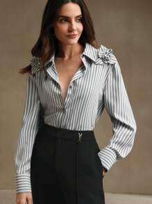 Anewsta Women's Striped Shirt With 3D Floral Decor - Black - View 5