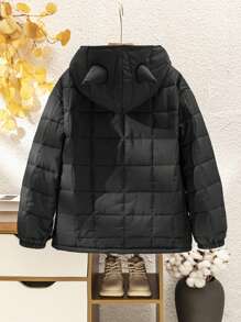 SHEIN Tween Boy Padded Hooded Winter Jacket With 3D Devil Horn Quilting - Black - View 2