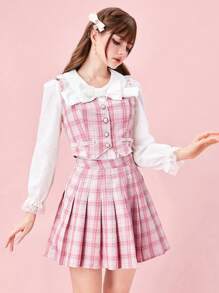 ROMWE Kawaii 女士休闲复古格子套装，带彼得潘领蝴蝶结衬衫和可爱蕾丝下摆裙子，学校 - 淺粉色 - 查看 3