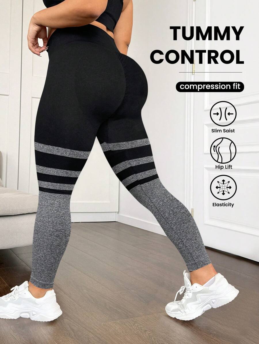 Easithlete Leggings de yoga de talla grande para mujer con cintura alta y rayas para uso diario - Negro - Ver 1