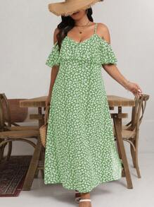 Breezaya 大码女式随机印花露肩优雅休闲连衣裙 - 薄荷綠 - 查看 3