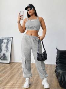 Flirla Plus Size Solid Color Spaghetti Strap Cropped Top And Pocket Pants 2 Pieces Set - Grey - View 6