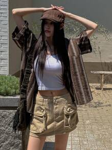 DAZY 女士纽扣式短袖条纹休闲宽松舒适街头风格衬衫 - 棕色 - 查看 7