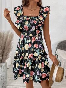 Breezaya Women's Flower Print Ruffle Hem Summer Dress, Assorted Floral Designs - Black - View 6