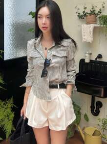 DAZY Áo sơ mi nữ tay dài có cổ, túi ôm, họa tiết sọc, trang phục công sở, thời trang xuân/hè/thu, mùa thu - Xám - Xem 8